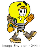 #24411 Clip Art Graphic Of A Yellow Electric Lightbulb Cartoon Character Hiking And Carrying A Backpack