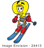 #24413 Clip Art Graphic Of A Yellow Electric Lightbulb Cartoon Character Skiing Downhill