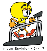 #24417 Clip Art Graphic Of A Yellow Electric Lightbulb Cartoon Character Walking On A Treadmill In A Fitness Gym