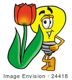 #24418 Clip Art Graphic Of A Yellow Electric Lightbulb Cartoon Character With A Red Tulip Flower In The Spring