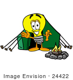 #24422 Clip Art Graphic Of A Yellow Electric Lightbulb Cartoon Character Camping With A Tent And Fire