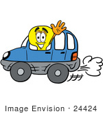 #24424 Clip Art Graphic Of A Yellow Electric Lightbulb Cartoon Character Driving A Blue Car And Waving