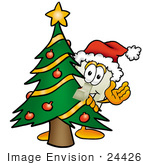 #24426 Clip Art Graphic Of A White Electrical Light Switch Cartoon Character Waving And Standing By A Decorated Christmas Tree