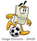#24429 Clip Art Graphic Of A White Electrical Light Switch Cartoon Character Kicking A Soccer Ball