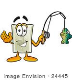 #24445 Clip Art Graphic Of A White Electrical Light Switch Cartoon Character Holding A Fish On A Fishing Pole