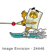 #24446 Clip Art Graphic Of A White Electrical Light Switch Cartoon Character Waving While Water Skiing