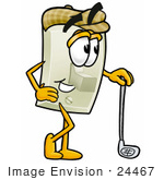 #24467 Clip Art Graphic Of A White Electrical Light Switch Cartoon Character Leaning On A Golf Club While Golfing