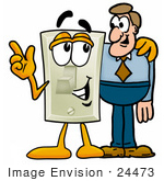 #24473 Clip Art Graphic Of A White Electrical Light Switch Cartoon Character Talking To A Business Man
