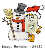 #24482 Clip Art Graphic Of A White Electrical Light Switch Cartoon Character With A Snowman On Christmas