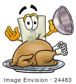 #24483 Clip Art Graphic Of A White Electrical Light Switch Cartoon Character Serving A Thanksgiving Turkey On A Platter