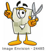 #24485 Clip Art Graphic Of A White Electrical Light Switch Cartoon Character Holding A Pair Of Scissors