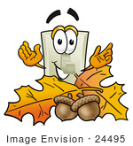 #24495 Clip Art Graphic Of A White Electrical Light Switch Cartoon Character With Autumn Leaves And Acorns In The Fall