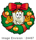 #24497 Clip Art Graphic Of A White Electrical Light Switch Cartoon Character In The Center Of A Christmas Wreath