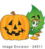 #24511 Clip Art Graphic of a Green Tree Leaf Cartoon Character With a Carved Halloween Pumpkin by toons4biz