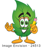 #24513 Clip Art Graphic Of A Green Tree Leaf Cartoon Character Holding A Pencil