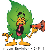 #24514 Clip Art Graphic Of A Green Tree Leaf Cartoon Character Screaming Into A Megaphone