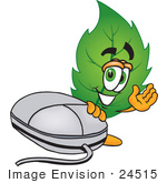 #24515 Clip Art Graphic Of A Green Tree Leaf Cartoon Character With A Computer Mouse