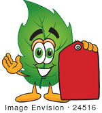 #24516 Clip Art Graphic Of A Green Tree Leaf Cartoon Character Holding A Red Sales Price Tag