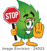 #24523 Clip Art Graphic Of A Green Tree Leaf Cartoon Character Holding A Stop Sign
