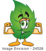 #24526 Clip Art Graphic Of A Green Tree Leaf Cartoon Character Flexing His Arm Muscles