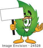 #24528 Clip Art Graphic Of A Green Tree Leaf Cartoon Character Holding A Blank Sign