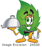 #24530 Clip Art Graphic Of A Green Tree Leaf Cartoon Character Dressed As A Waiter And Holding A Serving Platter