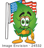 #24532 Clip Art Graphic Of A Green Tree Leaf Cartoon Character Pledging Allegiance To An American Flag