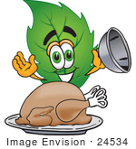 #24534 Clip Art Graphic Of A Green Tree Leaf Cartoon Character Serving A Thanksgiving Turkey On A Platter