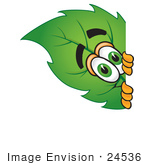 #24536 Clip Art Graphic Of A Green Tree Leaf Cartoon Character Peeking Around A Corner