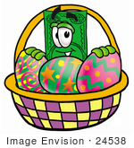 #24538 Clip Art Graphic Of A Flat Green Dollar Bill Cartoon Character In An Easter Basket Full Of Decorated Easter Eggs
