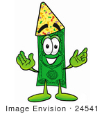 #24541 Clip Art Graphic of a Flat Green Dollar Bill Cartoon Character Wearing a Birthday Party Hat by toons4biz