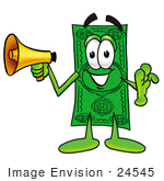 #24545 Clip Art Graphic Of A Flat Green Dollar Bill Cartoon Character Holding A Megaphone