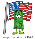 #24546 Clip Art Graphic Of A Flat Green Dollar Bill Cartoon Character Pledging Allegiance To An American Flag