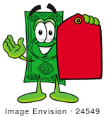 #24549 Clip Art Graphic Of A Flat Green Dollar Bill Cartoon Character Holding A Red Sales Price Tag