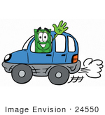 #24550 Clip Art Graphic Of A Flat Green Dollar Bill Cartoon Character Driving A Blue Car And Waving