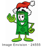 #24555 Clip Art Graphic Of A Flat Green Dollar Bill Cartoon Character Wearing A Santa Hat And Waving