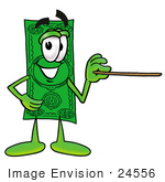 #24556 Clip Art Graphic Of A Flat Green Dollar Bill Cartoon Character Holding A Pointer Stick
