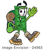 #24563 Clip Art Graphic Of A Flat Green Dollar Bill Cartoon Character Hiking And Carrying A Backpack