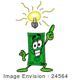 #24564 Clip Art Graphic Of A Flat Green Dollar Bill Cartoon Character With A Bright Idea