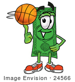 #24566 Clip Art Graphic Of A Flat Green Dollar Bill Cartoon Character Spinning A Basketball On His Finger