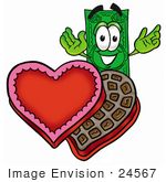 #24567 Clip Art Graphic Of A Flat Green Dollar Bill Cartoon Character With An Open Box Of Valentines Day Chocolate Candies