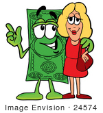 #24574 Clip Art Graphic Of A Flat Green Dollar Bill Cartoon Character Talking To A Pretty Blond Woman