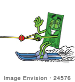 #24576 Clip Art Graphic of a Flat Green Dollar Bill Cartoon Character Waving While Water Skiing by toons4biz