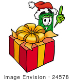 #24578 Clip Art Graphic Of A Flat Green Dollar Bill Cartoon Character Standing By A Christmas Present