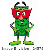 #24579 Clip Art Graphic Of A Flat Green Dollar Bill Cartoon Character Wearing A Red Mask Over His Face