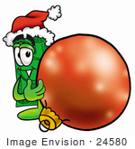 #24580 Clip Art Graphic Of A Flat Green Dollar Bill Cartoon Character Wearing A Santa Hat Standing With A Christmas Bauble