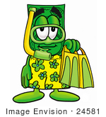 #24581 Clip Art Graphic Of A Flat Green Dollar Bill Cartoon Character In Green And Yellow Snorkel Gear