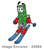 #24584 Clip Art Graphic Of A Flat Green Dollar Bill Cartoon Character Skiing Downhill