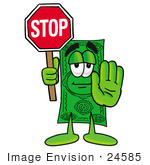 #24585 Clip Art Graphic Of A Flat Green Dollar Bill Cartoon Character Holding A Stop Sign