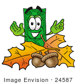 #24587 Clip Art Graphic Of A Flat Green Dollar Bill Cartoon Character With Autumn Leaves And Acorns In The Fall